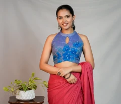 Hand-Painted Periwinkle Blue Halter Trendy Blouse with Front Neck Designs